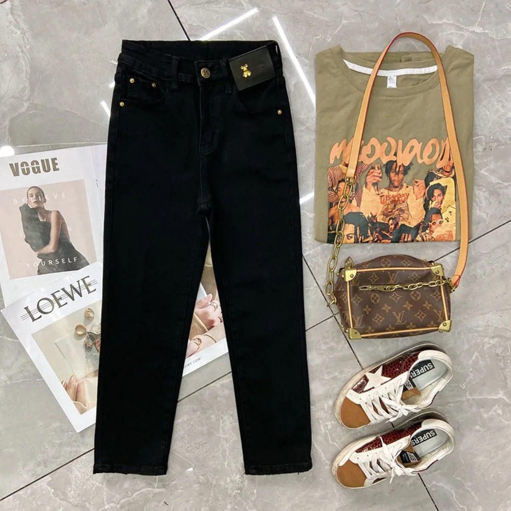 2023 Autumn Loose Chic Denim Trousers Women Slim Split Wide Leg Pants Korean Style High Waist Straight Blank Plush Jeans Female