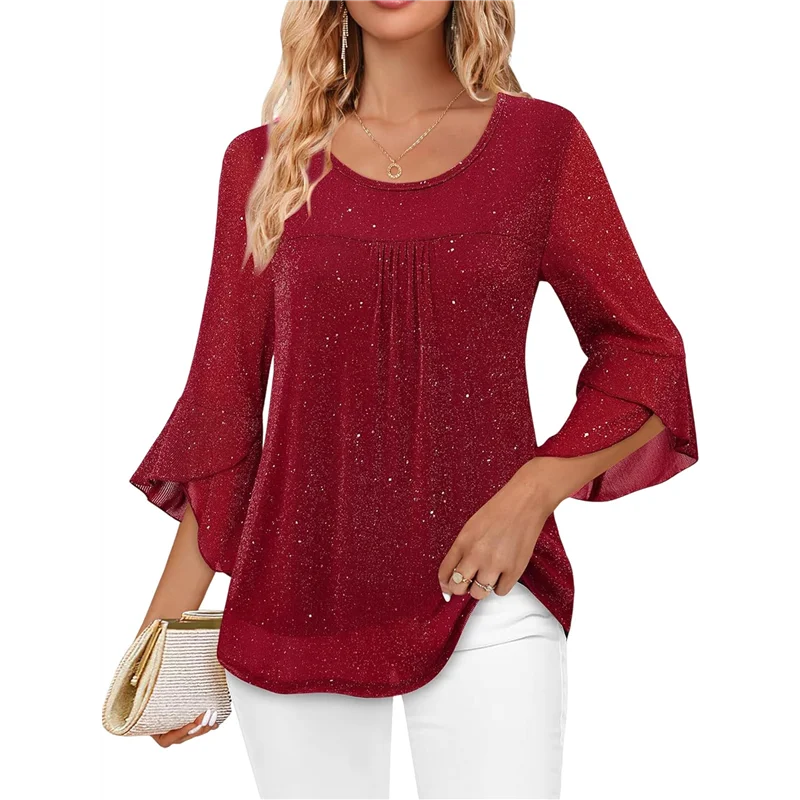 

A83F-Women's Ruffle 3/4 Sleeve Elegant Dressy Blouses Crew Neck Double Layers Mesh Tunic Tops