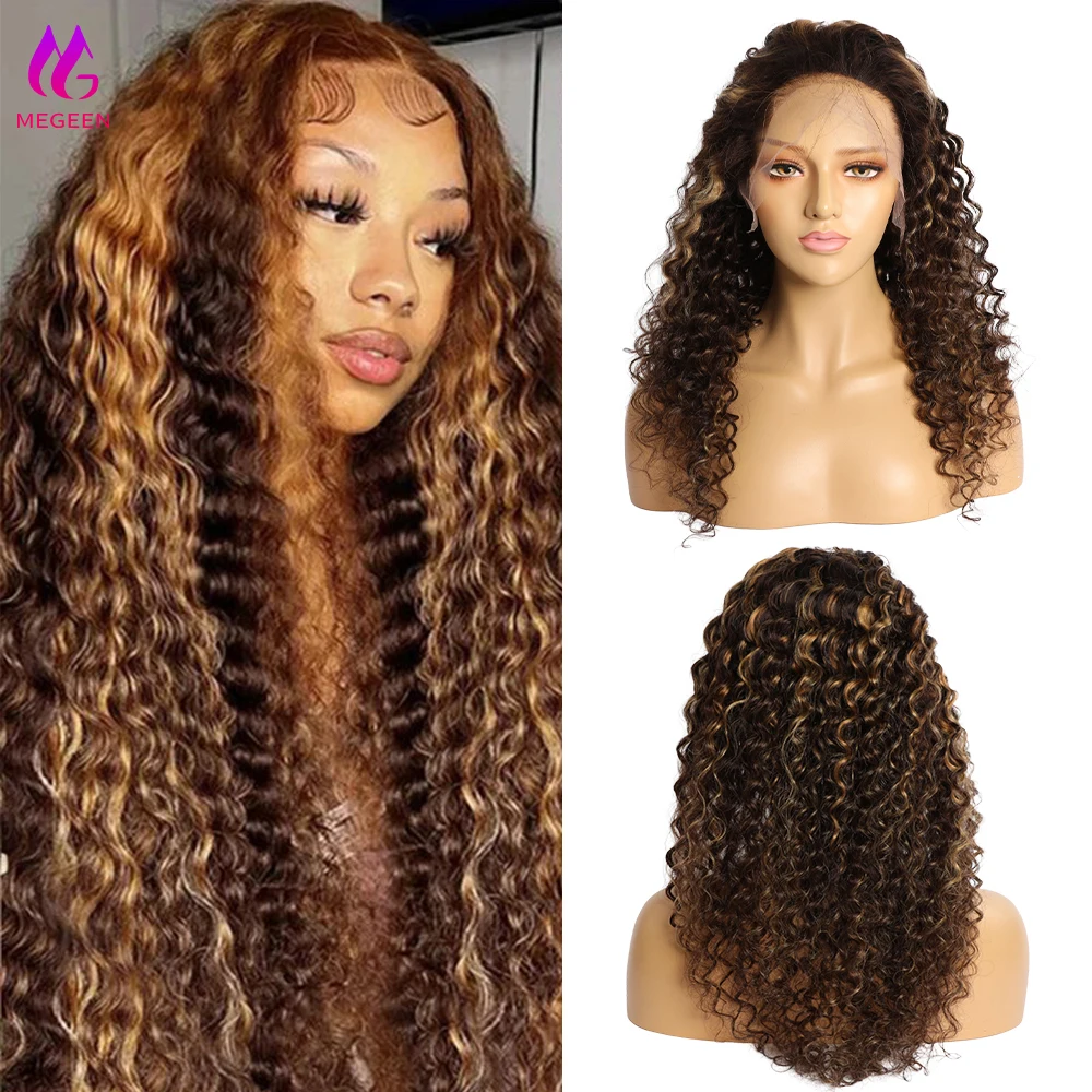 شعر مستعار من Megeen-HD بدانتيل أمامي شفاف ، موجة عميقة ، شعر بشري ، تسليط الضوء على شعر الطفل ، شعر بكر ، 13 × 4 ، P4 ، 27