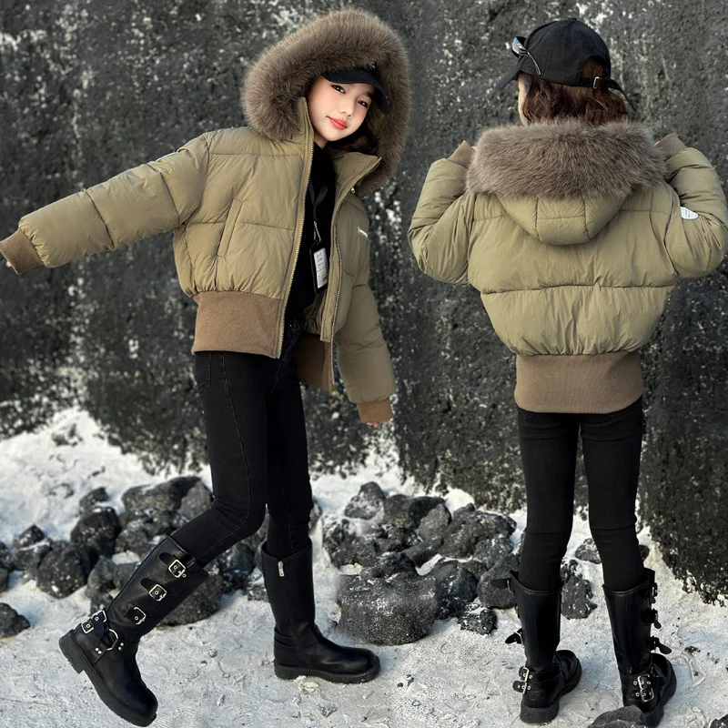 New Brand Children's Big Hair Collar Cotton Jacket Winter Girls' Hooded Bread Cotton Jacket Coat Imitation Fur Long Sleeve Boys'