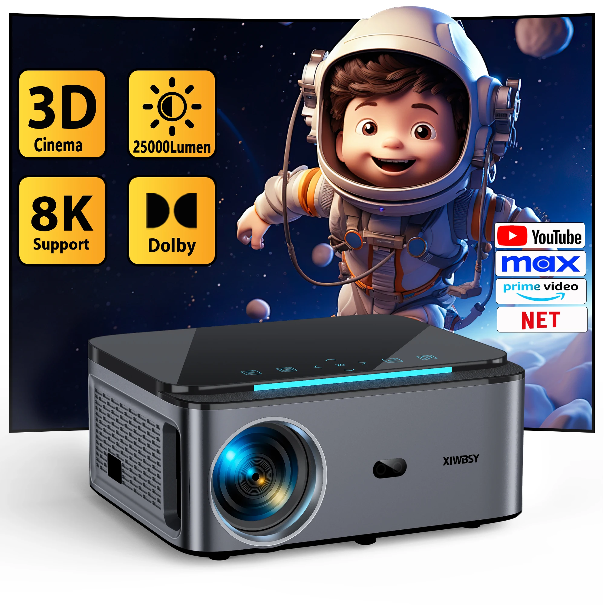 Proyector Android XIWBSY de 25000 Lúmenes, 4K, WiFi6, Bluetooth 5.1, Enfoque Automático/Corrección Trapezoidal, Proyector de Video para Cine en Casa, Proyector Beamer