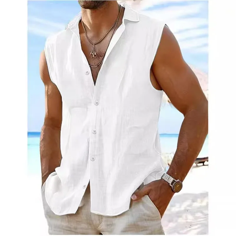 

Casual Sleeveless Cotton and Linen Shirt Men's Retro Lapel Button Vest Shirt Summer Men's Fashion Solid Color Vest Top