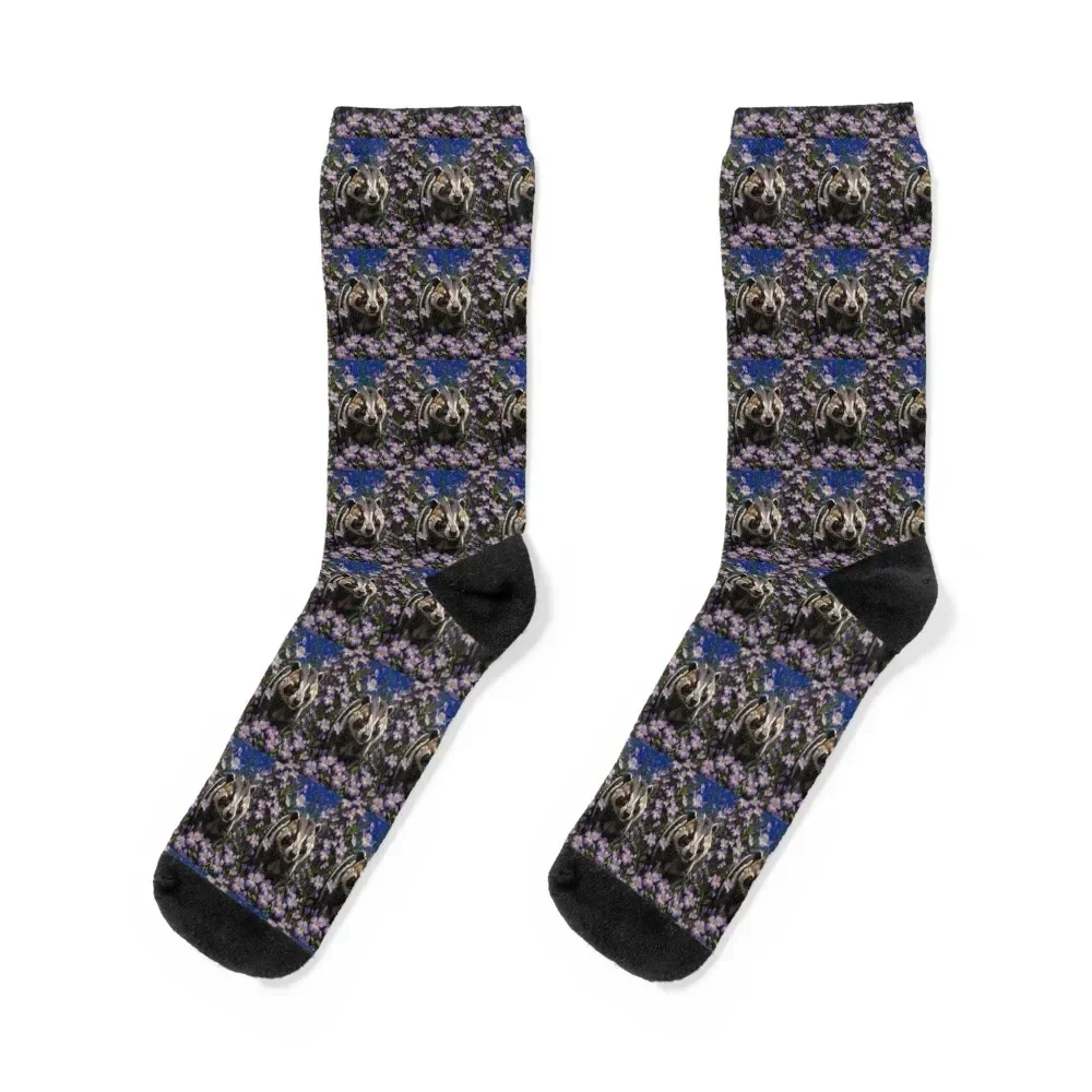 

A Badger Surrounded By Violet Viola sororia Flowers Socks Rugby hiking warm winter Stockings man Boy Socks Women's