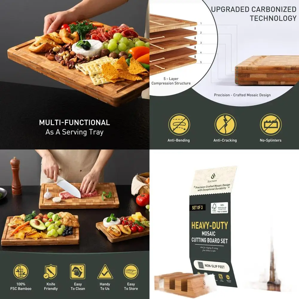 

Premium Bamboo Cutting Board Set: Non-Toxic, Non-Slip, Thick End Grain Boards with Juice Groove for Kitchen