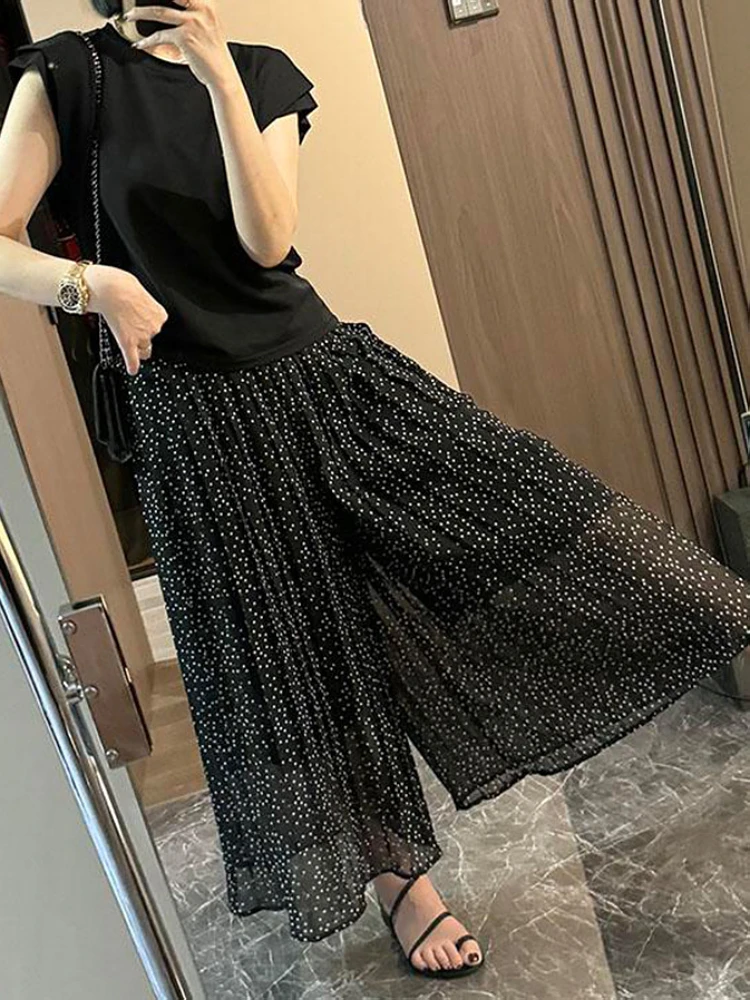 High Waist A-Line Skirt Pants Women's plus Size Summer Checkered Wide Leg Pants Elastic Waist Chiffon Slimming Belly Cover