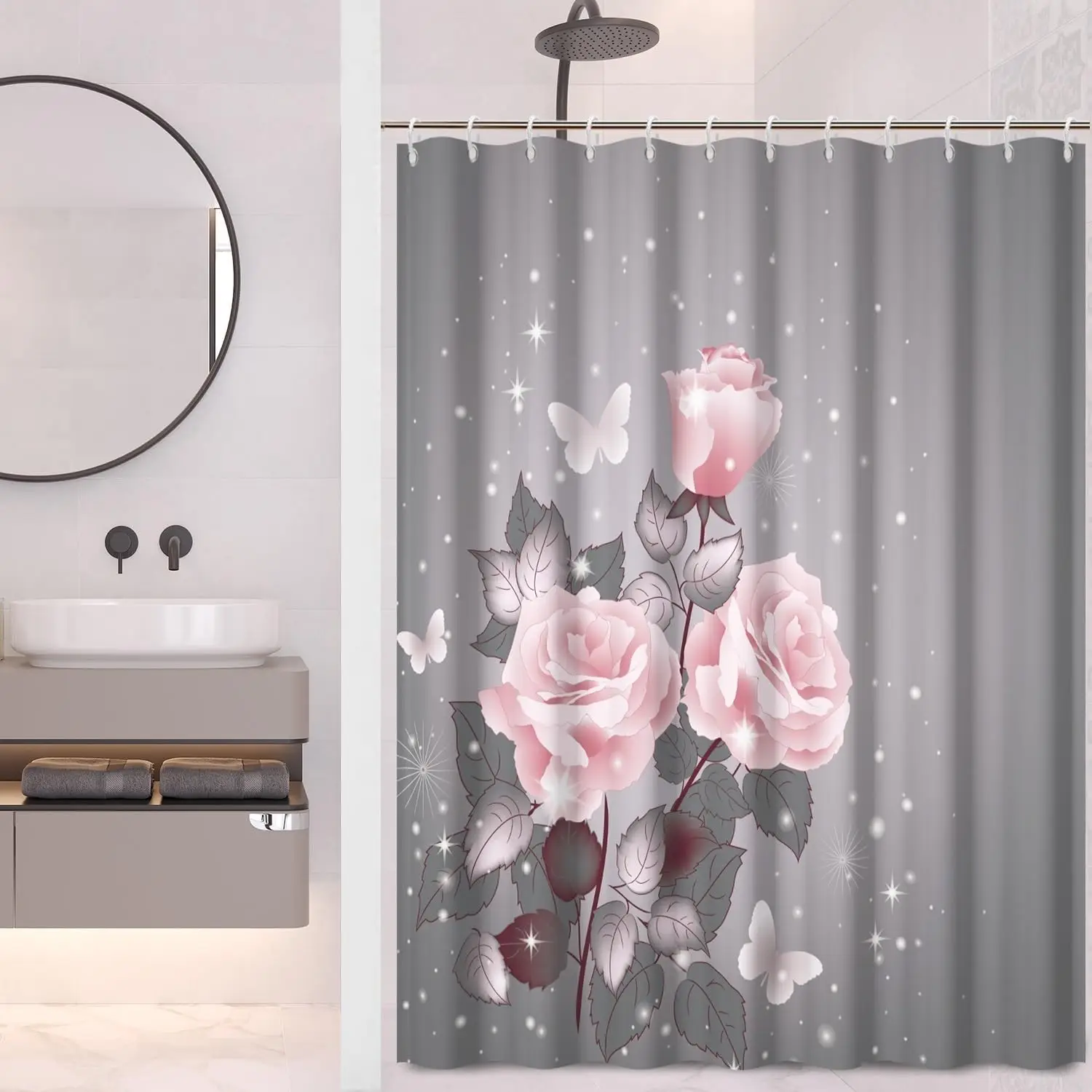 

Занавеска для душа с цветочным принтом, розовая роза, стильная занавеска для ванны с принтом, серый фон, водонепроницаемая полиэфирная ткань для ванной комнаты