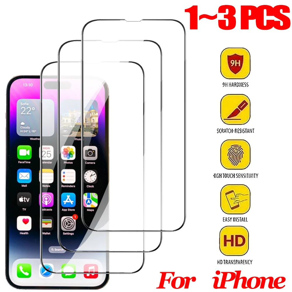 1-3PCS Screen Protector Film For iPhone 16 15 14 13 Pro Max Tempered Glass iPhone 11 12 Pelicula mica iPhone15 Pro Plus 13 Mini