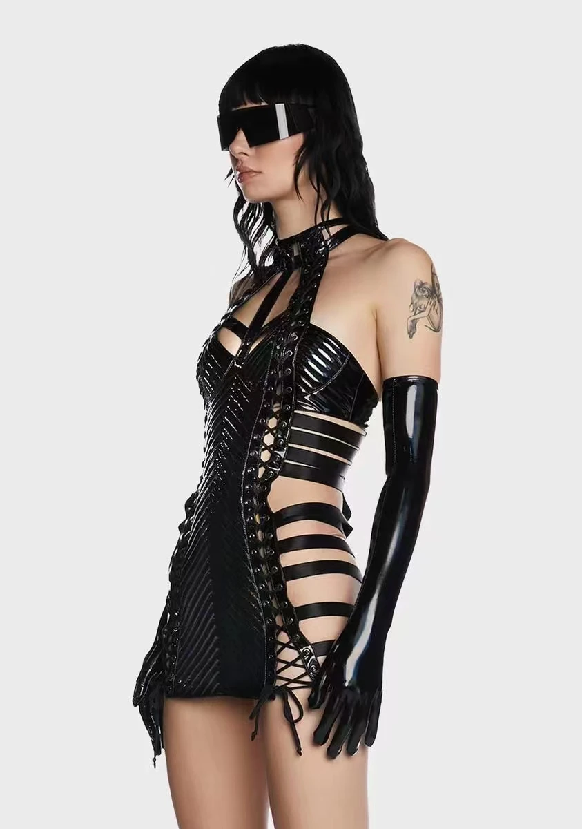 Saia de couro estilo gótico para meninas, alça oca, saia picante, lingwen, pescoço pendurado, saia curta para festival de música, comércio exterior, nova