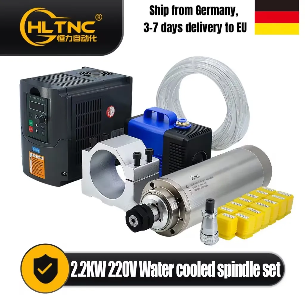 EU-Versand 2,2KW Spindelmotor 24000 U/min Wassergekühlt Einphasig 220V + Frequenzumrichter + Wasserpumpe + Spannzange + Spindelhalterung