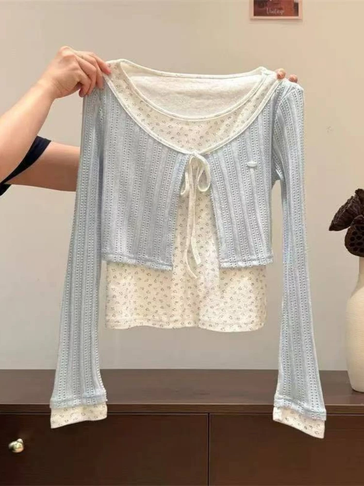 Y2K Patchwork Pullover American Vintage Solid Slim Top Harajuku Streetwear 2000s Gyaru Korean Fashion Casual Women Long Sleeve