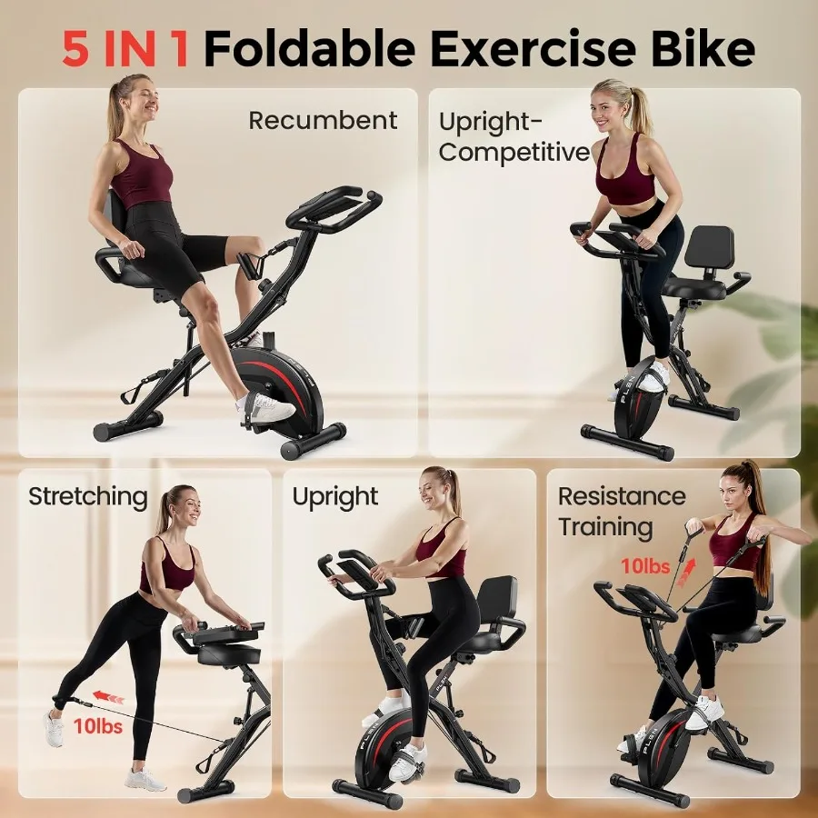 Folding Exercise Bike 5 IN 1 Stationary Bike for Home Gym with 6.6 LBS Flywheel 330LB Weight Capacity Black Frame Adjustable Ba