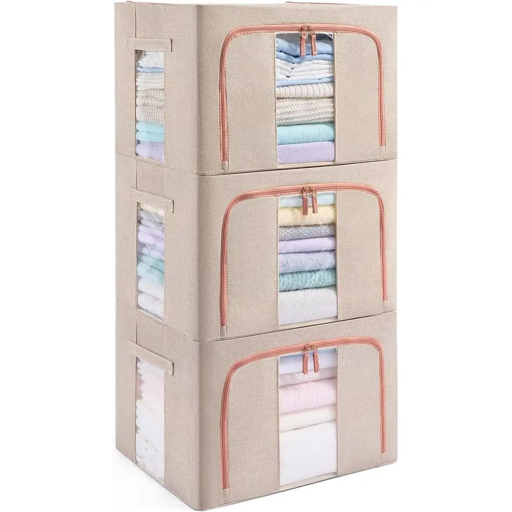 

Набор из 3 складных контейнеров для хранения одежды объемом 66 л с металлическими ручками и молнией, органайзер для шкафа с крышкой для хранения вещей у кровати