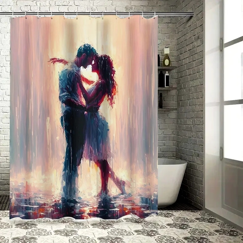 Rainy Day Passionate Couple Hugging and Kissing Shower Curtain, Artistic Design for Bathroom Decor, Adds  Charm to Your Home