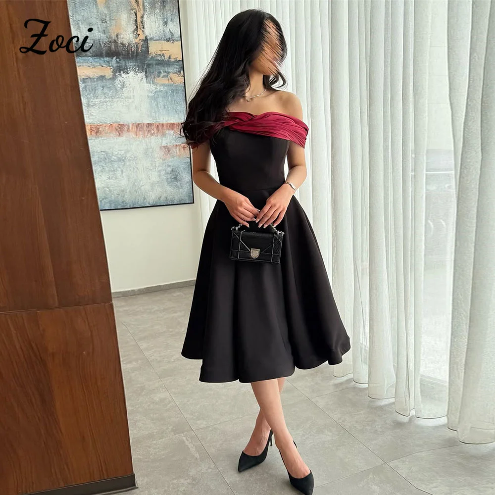 

Zoci Customized Strapless Black Wedding Party Dress Sleeveless Tea Length A Line Evening Dresses Women Formal Occasion Prom Gown