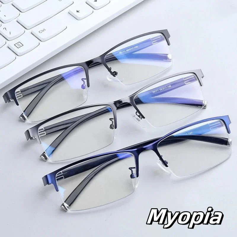 

New Men's Business Half Frame Myopia Glasses Ultra Light Near Eyewear High Definition Blue Light Blocking Eyeglasses To -4.0