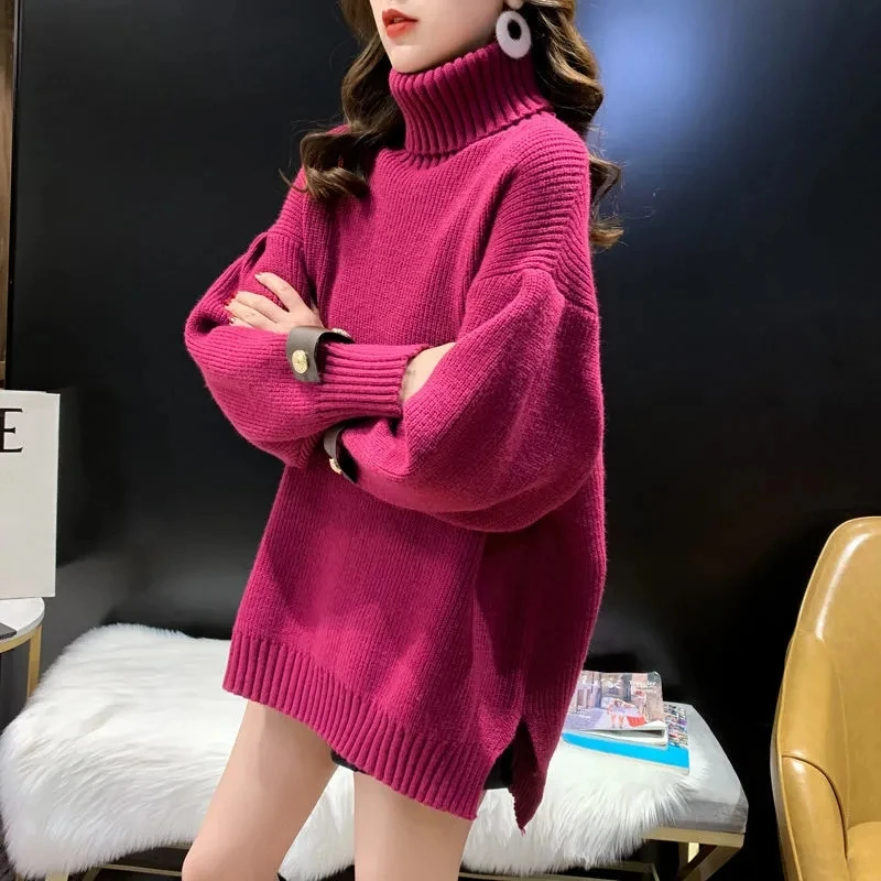 

Thick turtleneck sweater 2023 autumn winter women's mid-long new loose knit sleeve collage pullover sweater