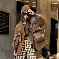 Winter donsjack dames witte eendendons jas pak kraag chic ontwerp patchwork bovenkleding valse tweedelige jas warm casual