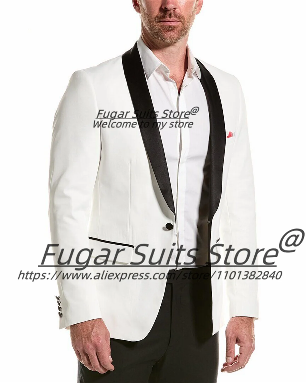 

Handsome White Elegant Men Suits Slim Fit Black Shawl Lapel Groom Wedding Tuxedos 2 Pcs Sets High-end Male Blazers Costume Homme