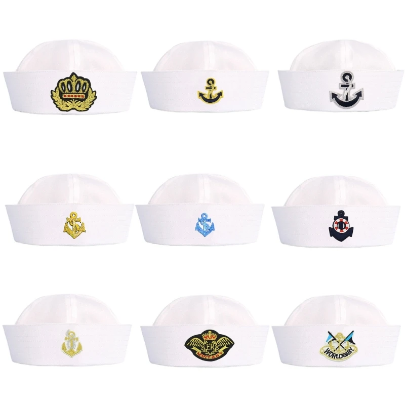 

Sweet Girls Sailor Hat with Roll-up Brim Navy Seafaring Hat with Embroidery Anchors Adult Teens Halloween Cosplay Hat