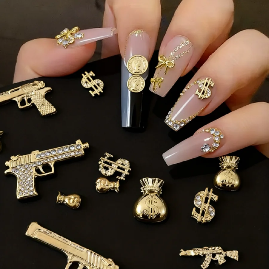 

1set 3D Exquisite Alloy Nail Decoration Diamond Gold Coin Alloy Nail Art Charms with Crystal Alloy Nail Art DIY Accessories
