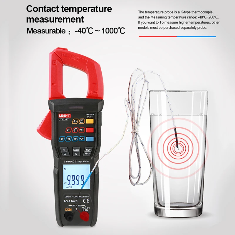 Imagem -03 - Uni-t-digital Clamp Meter Ut202s Ut202bt 600a Alicadores de Corrente ac Amperímetro Voltage Tester Temperatura Frequency Meter Auto Range