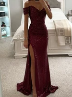 Sequin Long Dresses Women Sexy Off Shoulder Evening Dress Ladies Elegant Fashion Slash Neck Prom Female High Split Gown Vestidos 5