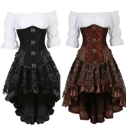 Leather Corset Plus Size 3 Piece Outfits for Women Steampunk Steel Boned Bustier Underbust Skirt Blouse Set Pirate Rave Costume