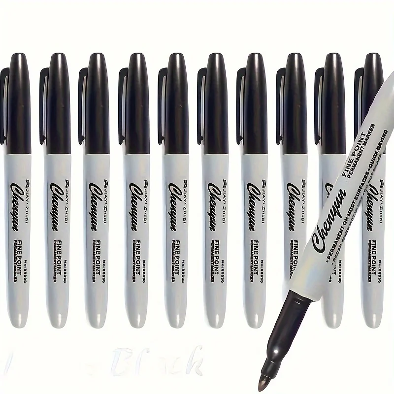 10 feinbesetzte schwarze Permanentmarker, wischfest und schnelltrocknend, geeignet für den täglichen Bürogebrauch. – Detail 1