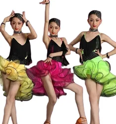 customized Jazz dancewear costume Kids Modern Latin Sequined Ballroom Party Dancing Dress Child tutu dress clothes For Girls