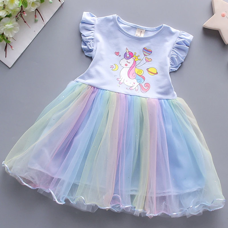 2024 New Girls Clothes Summer Princess Dresses Short Sleeve Cotton Kids Dress Unicorn Party Girls Dresses Children Clothing 3-8Y