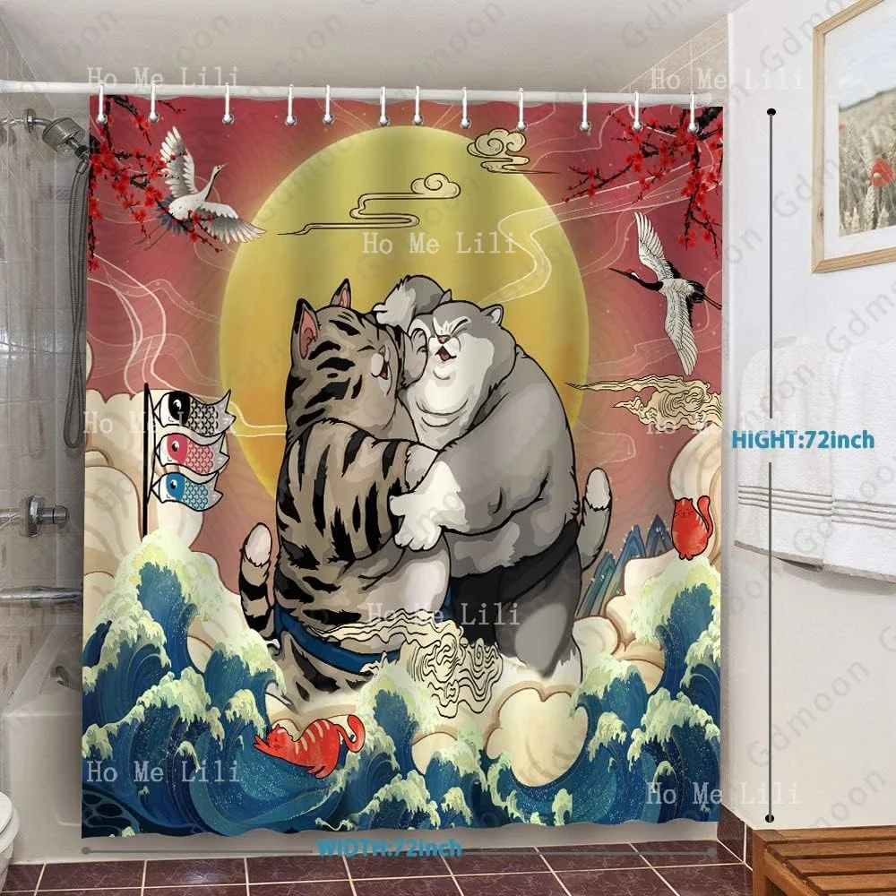 Japanese Cat Cute Funny Animal Ink Culture Sun Mount Fuji Waves Sumo Natural Landscape Bathroom Curtains 12 Hooks