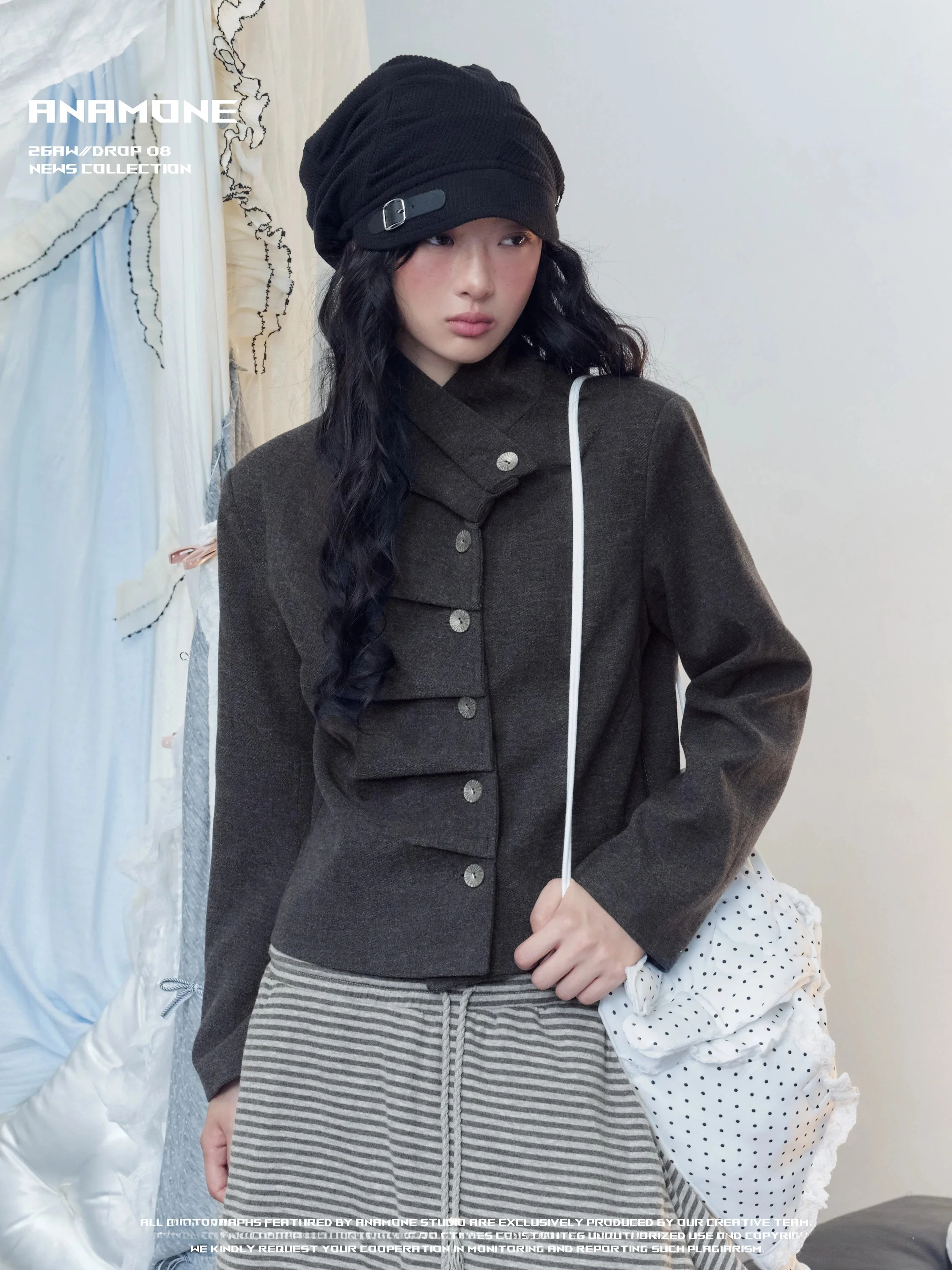 ANAMONE Women's Slim Fit Jacket Coat with Button Frontal Placket 3D Pleated Shoulder Retro Style Polyester Blend Long Sleeve