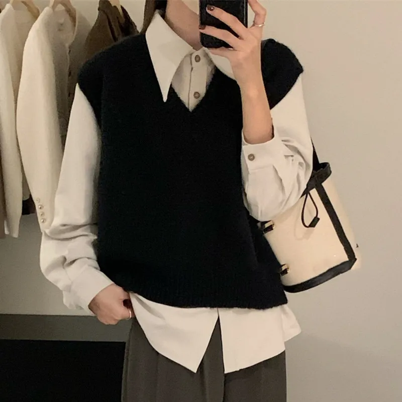 HELIAR Women V-Neck Knit Office Sweater Vest Loose Casual Pullovers Vest Bottoming Solid Sweater Vest For Women 2024 Fall Winter