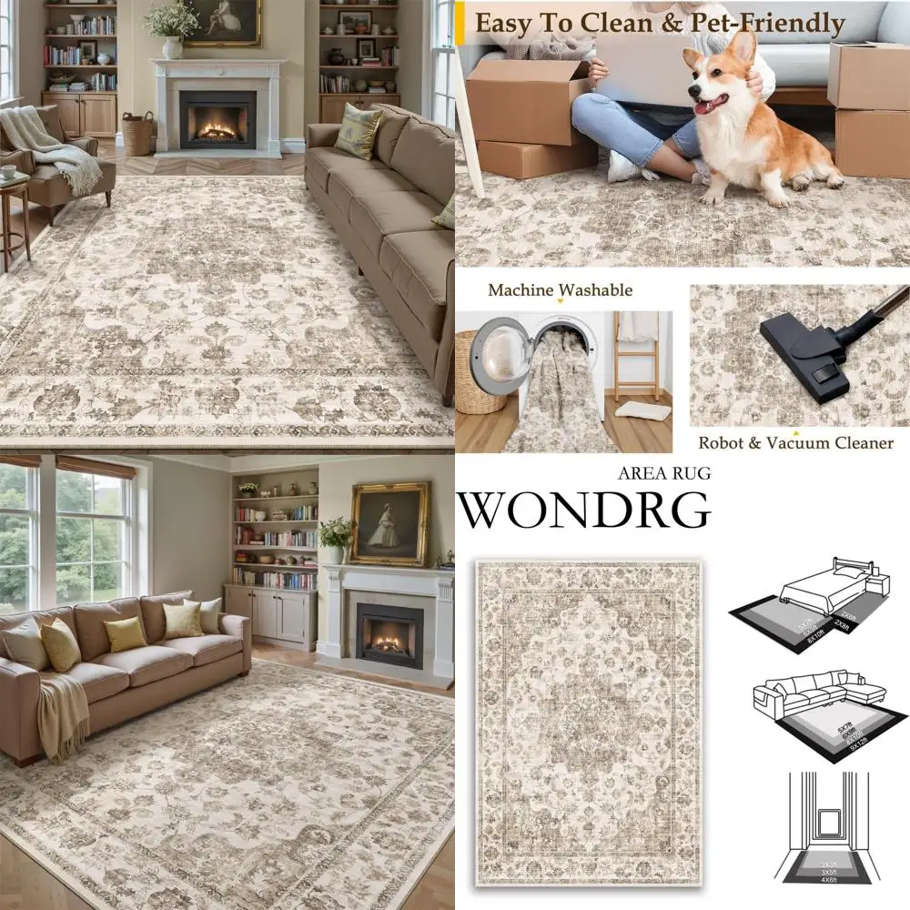 

Vintage Brown Floral Area Rug, 10x14, Washable, Non-Slip, Soft Low Pile for Living Room & Bedroom