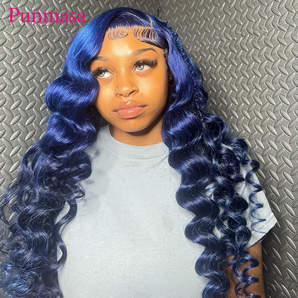 Punmasa Cabelo-Peruca Azul Escuro Onda Solta, Cabelo Humano Glueless, Front Lace, Profundo, Transparente Lace, 13x4, 13x6, 200%