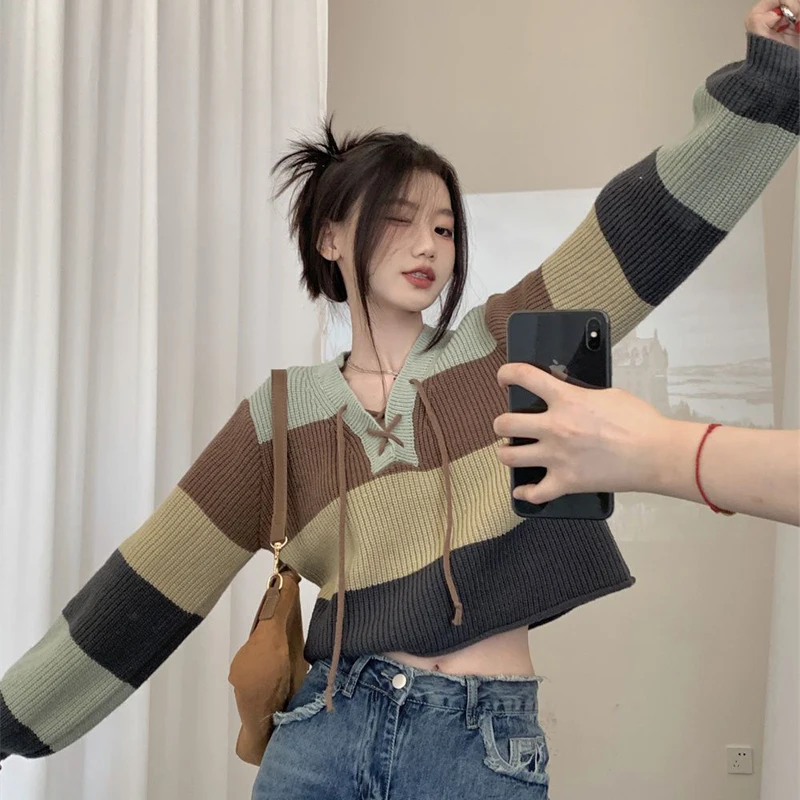 Striped Women's Sweater 2023 New Tricot Knitwears Y2K Knit Sweater Long Sleeve Korean Loose Basic Tops Drawstring Pullover Cute