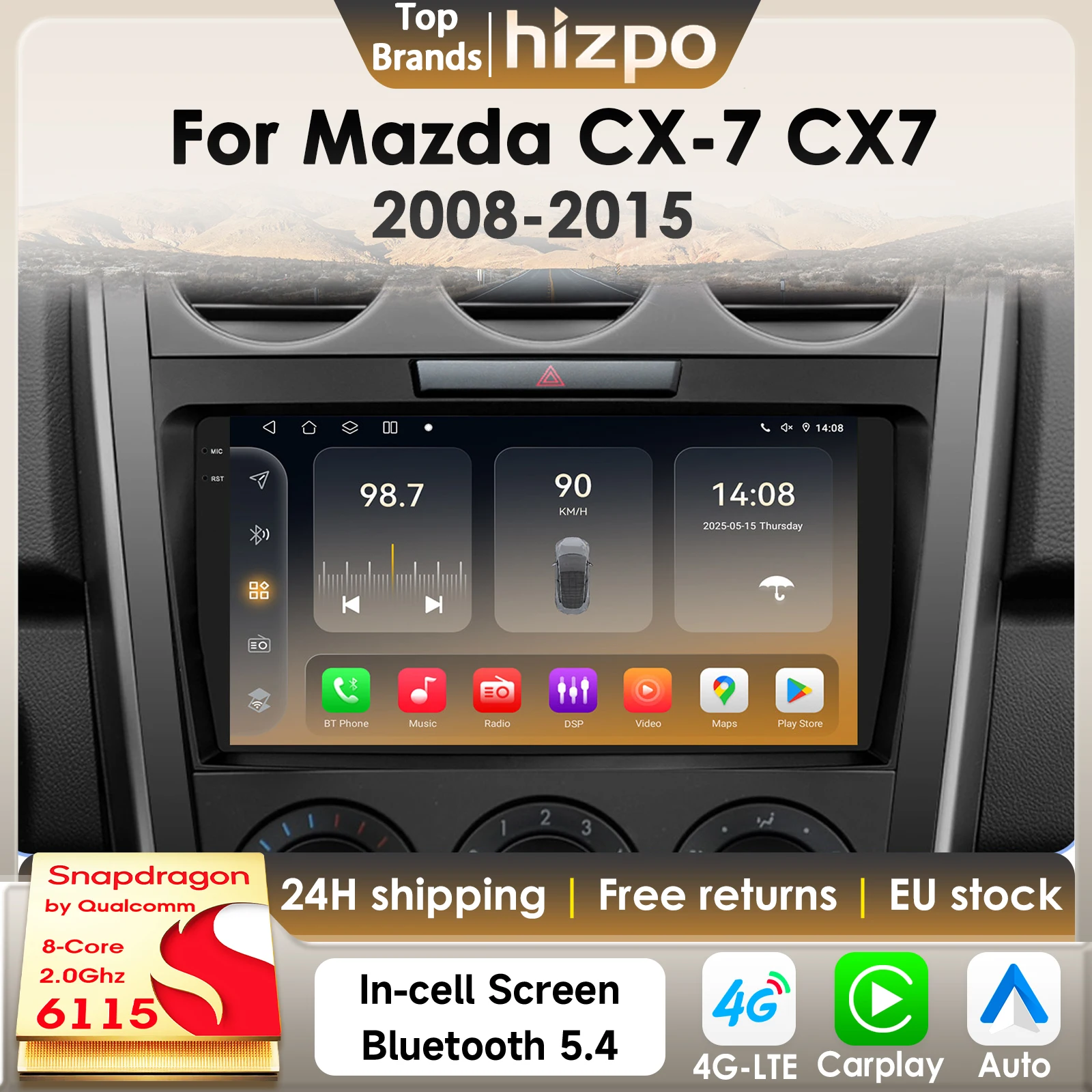 Hizpo 8Core 2Din Android 14 Autoradio Per Mazda Cx-7 CX7 2008 - 2015 AI Auto Multimedia GPS 4G Carplay di Qualcomm Snapdragon 611