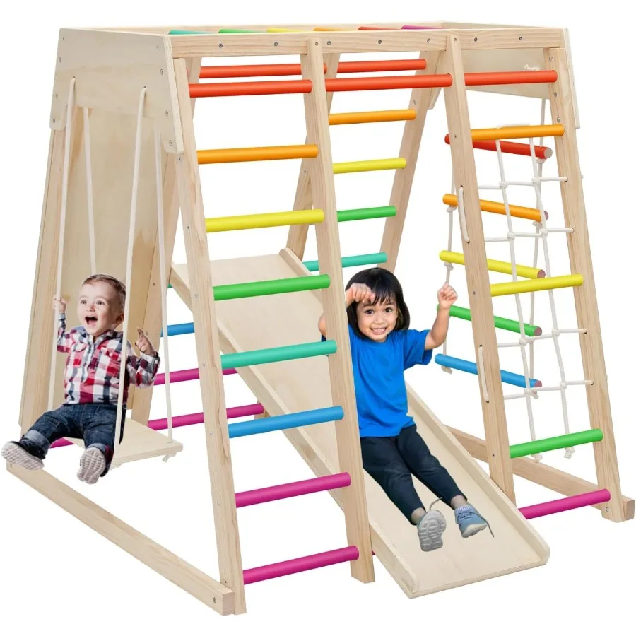 

7 in 1 Pikler Indoor Playground Jungle Gym Playset Wooden Montessori Climber with Slide Rock Climb Wall Monkey Bars Rope Ladder