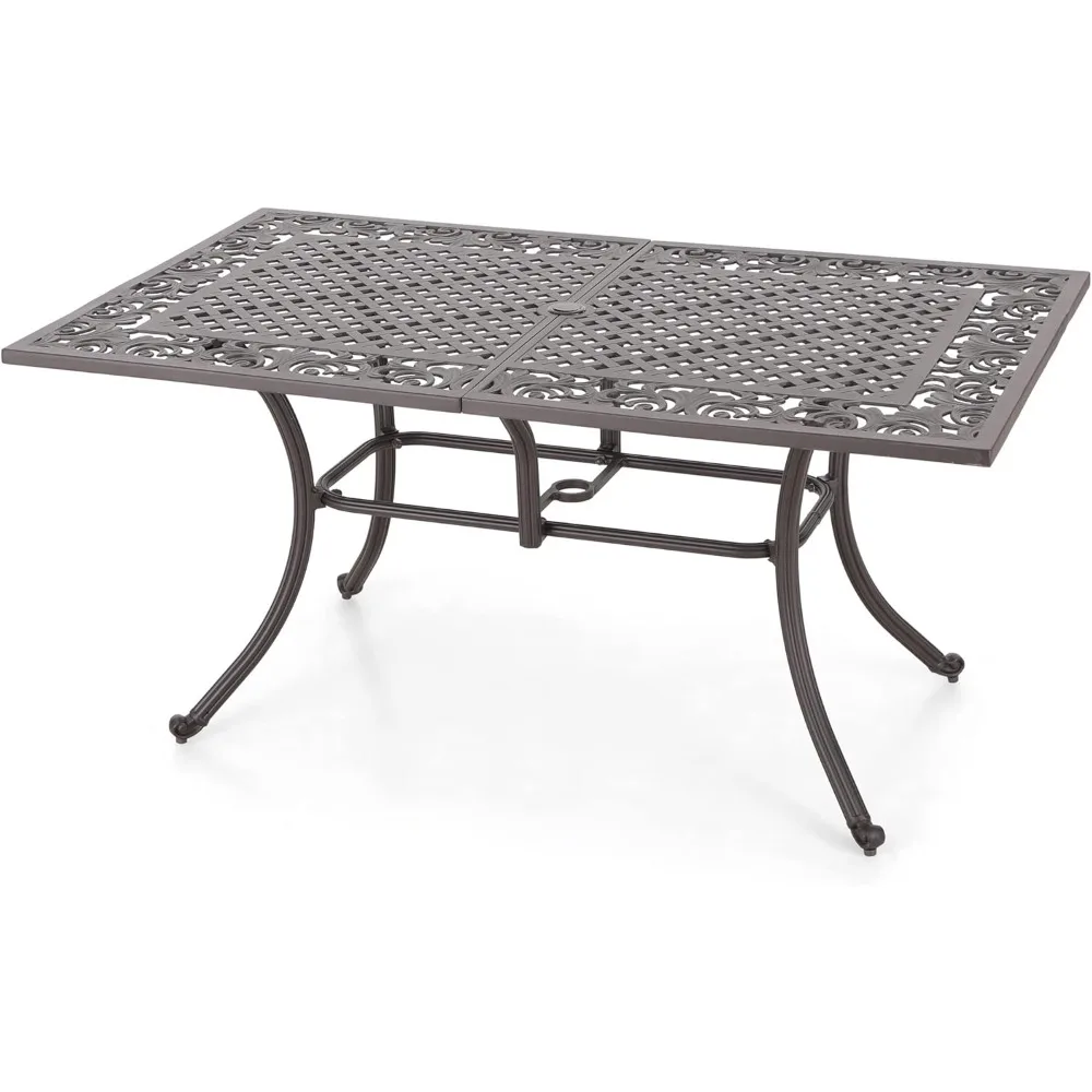 

Cast Aluminum Patio Dining Table 63 Rectangle Outdoor Table with Umbrella Hole, Retro Design Pattern Aluminum Outdoor
