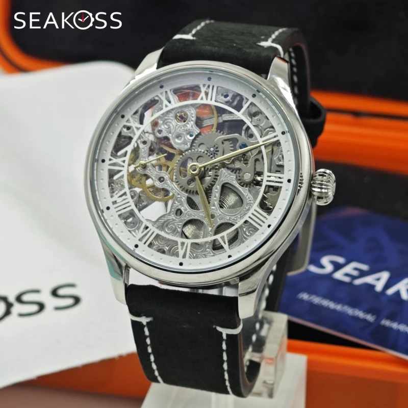 SEAKOSS Personalized Customization 44mm Pilot Watches Seagull ST36SK ETA6497 S33600SK Hollow Carved Mechanical Core Men's Watch