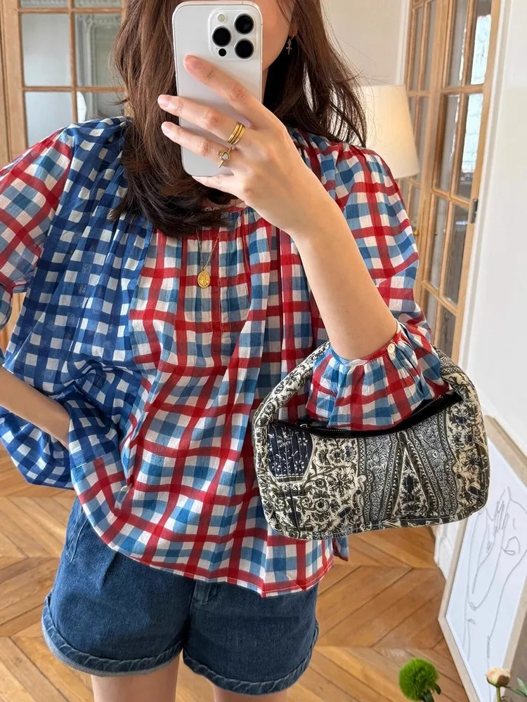 Французская модная винтажная рубашка с длинным рукавом, женская сине-красная клетчатая лоскутная блузка Babydoll с пышными рукавами, повседневные топы Y2K, уличная одежда
