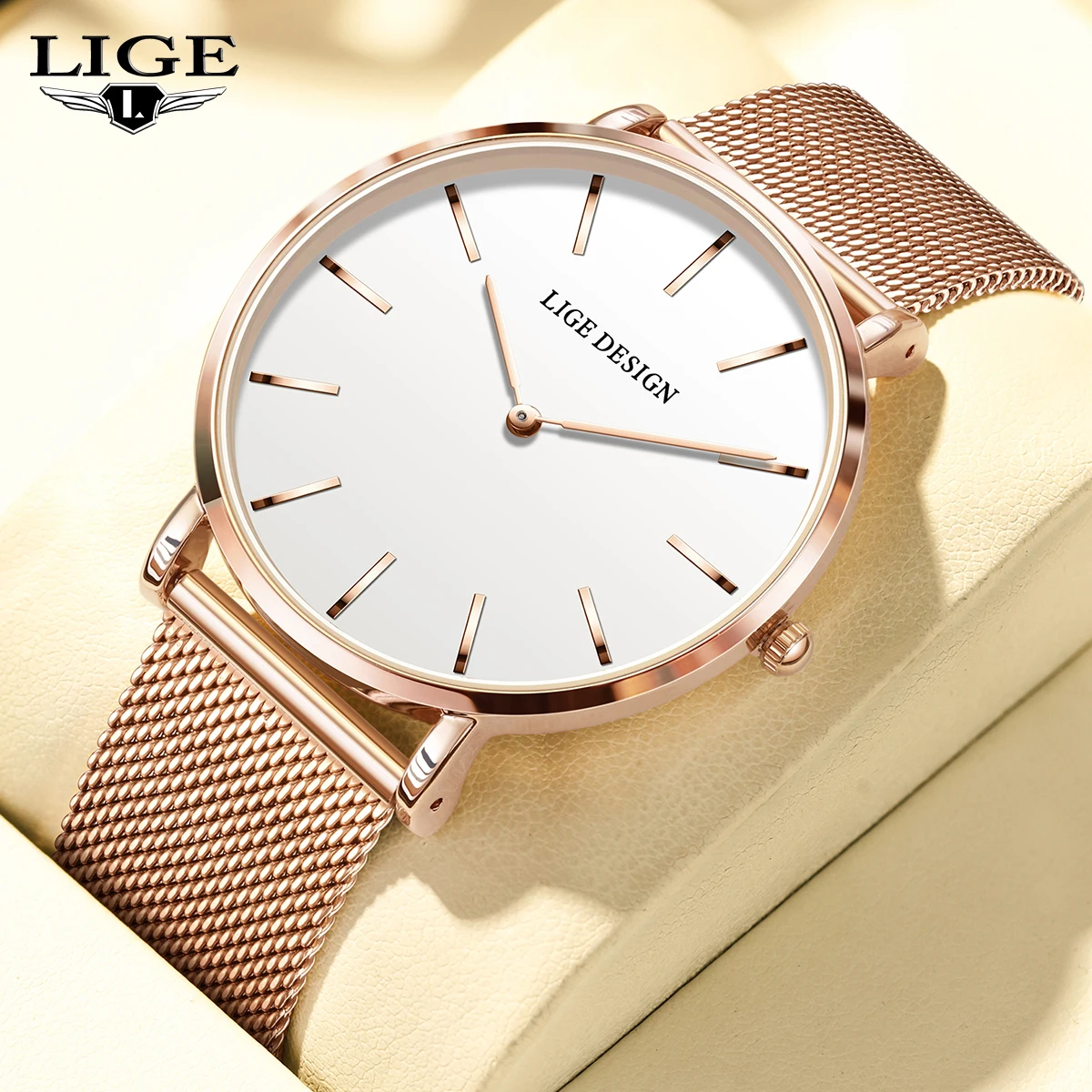 LIGE Quartz Couple Watch Stainless Steel Ultra Thin Simple Dial Wristwatch Luxury Waterproof Watches for Men Women Romantic Gift