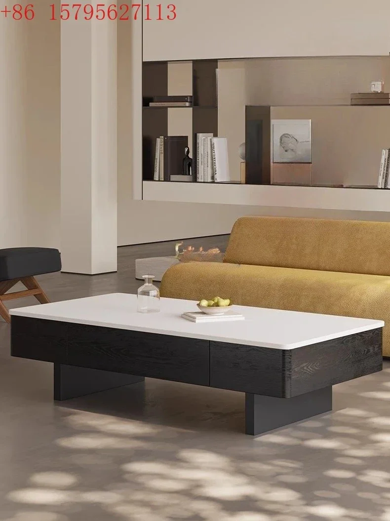 yj7 Vintage Cream Style Pure White Stone Tea Table for Living Room Home Use Simple Rectangular Solid Wood Tea Table