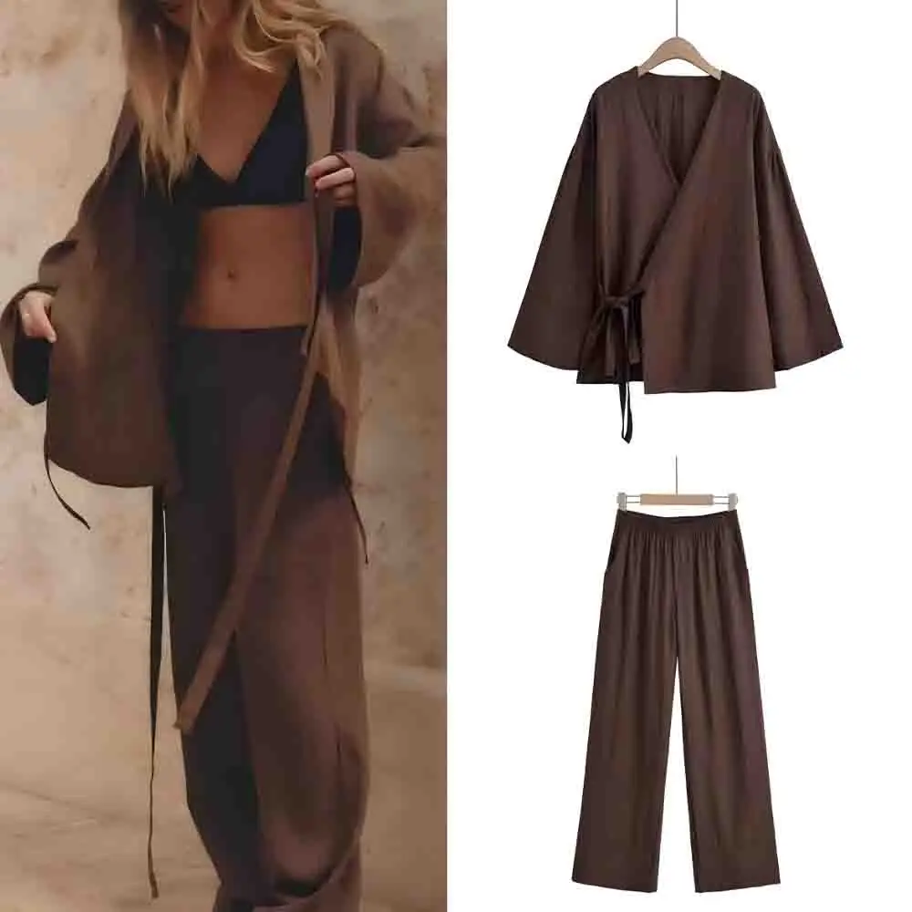

Women's new fashion loose V-neck comfortable kimono style top retro long sleeved lace up women's shirt chic top+Pants suit