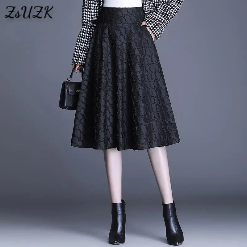 Women Tridimensional Jacquard A-Line Big Swing Skirts Spring Autumn New Fashion Skirt High-Waisted Office Lady Mid-length Skirt