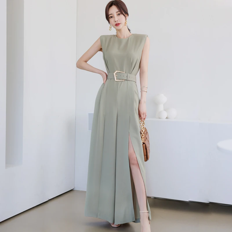 Women's Summer Thin Wide Leg Pants One-Piece Suit Waist a Slimming Split Career Sle Comfortable Nylon Blend Long Pants