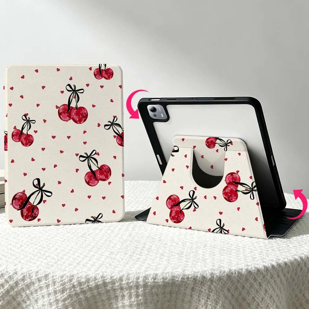 Stylish Heart-Shaped Cherries For Xiaomi Mi Redmi Poco Pad 8 7 7S 6 6S 5 SE Pro Ultra 360° Rotation Stylus Storage Tablet Case