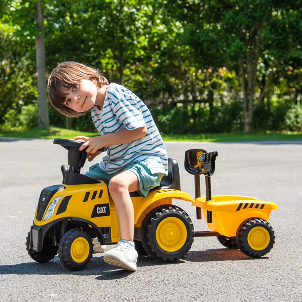 Kids Ride-on Tractor 2-in-1 Push Car Detachable Trailer Horn LED Lights Rake & Shovel Foot-to-Floor Sliding Car Gift w/No Power