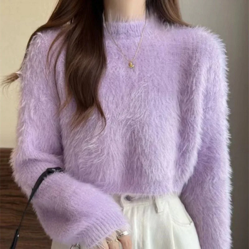 Pink Round Neck Short Knit Pullovers Women Fall Winter Korean Loose Solid Color Long Sleeve Sweaters Top 7 Colors