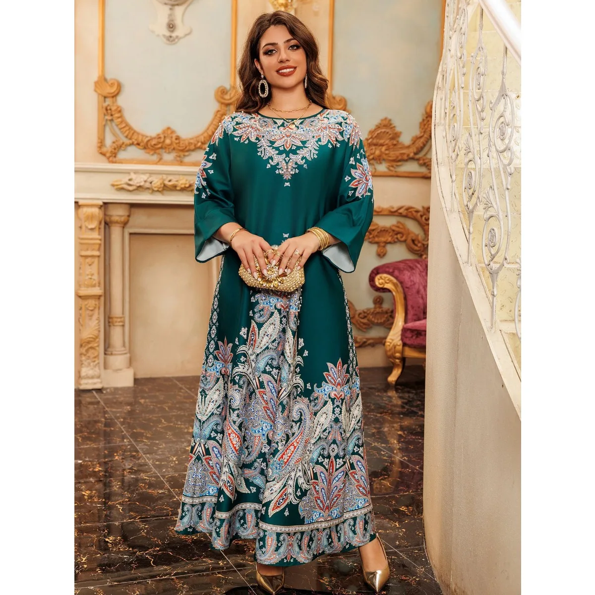 新しいイスラム教徒のファッションの女性のイブニングドレスレトロ花柄プリントダイヤモンド真珠 O ネックガウンモロッコサウジアラビアエレガントカジュアルルーズアバヤ